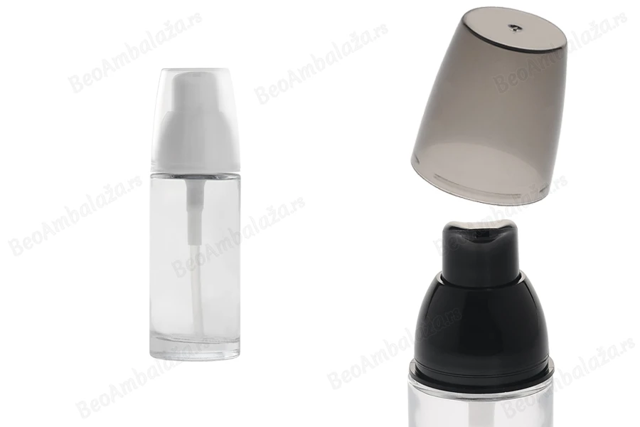 Staklena okrugla bočica 30mL za kreme sa pumpicom i zatvaračem u dve boje-dimenzije_slike
