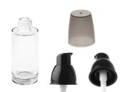 Staklena okrugla bočica 30mL za kreme sa pumpicom i zatvaračem u dve boje Staklena okrugla bočica 30mL za kreme sa pumpicom i zatvaračem u dve boje