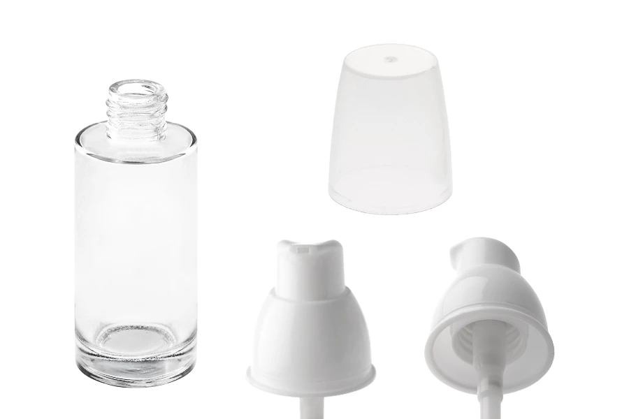 Staklena okrugla bočica 30mL za kreme sa pumpicom i zatvaračem u dve boje Staklena okrugla bočica 30mL za kreme sa pumpicom i zatvaračem u dve boje