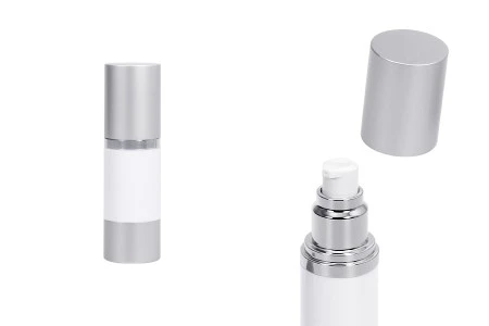 Airless plastična bela bočica 30mL za kreme sa aluminijumskom osnovom i zatvaračem u MAT srebrnoj boji-1