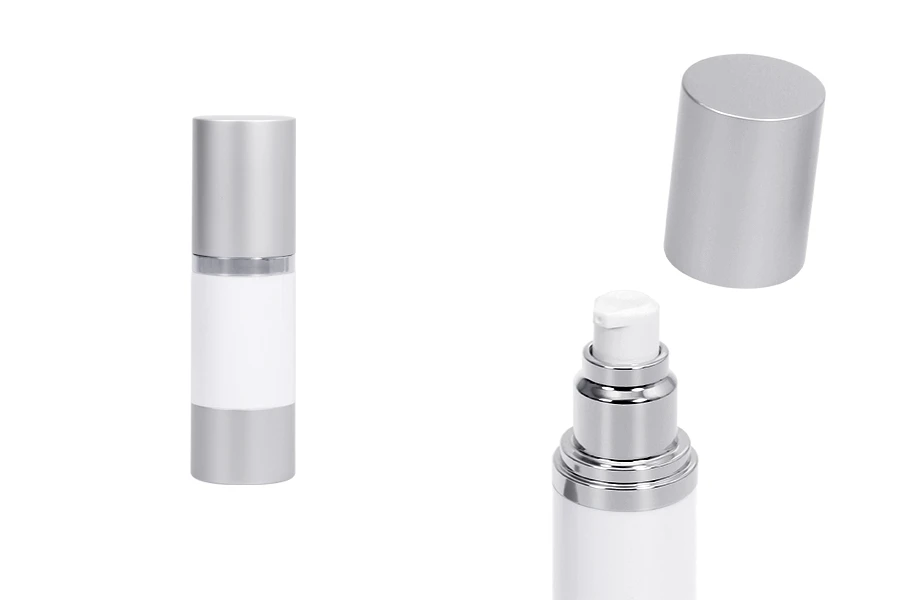 Airless plastična bela bočica 30mL za kreme sa aluminijumskom osnovom i zatvaračem u MAT srebrnoj boji Airless plastična bela bočica 30mL za kreme sa aluminijumskom osnovom i zatvaračem u MAT srebrnoj boji