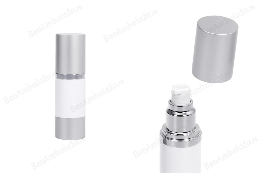 Airless plastična bela bočica 30mL za kreme sa aluminijumskom osnovom i zatvaračem u MAT srebrnoj boji-slika_proizvoda