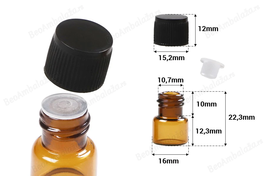 Mini staklena karamel bočica 1mL sa crnim zatvaračem i plastičnim čepom - 25 kom-dimenzije_slike