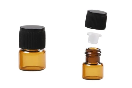 Mini staklena karamel bočica 1mL sa crnim zatvaračem i plastičnim čepom - 25 kom-1