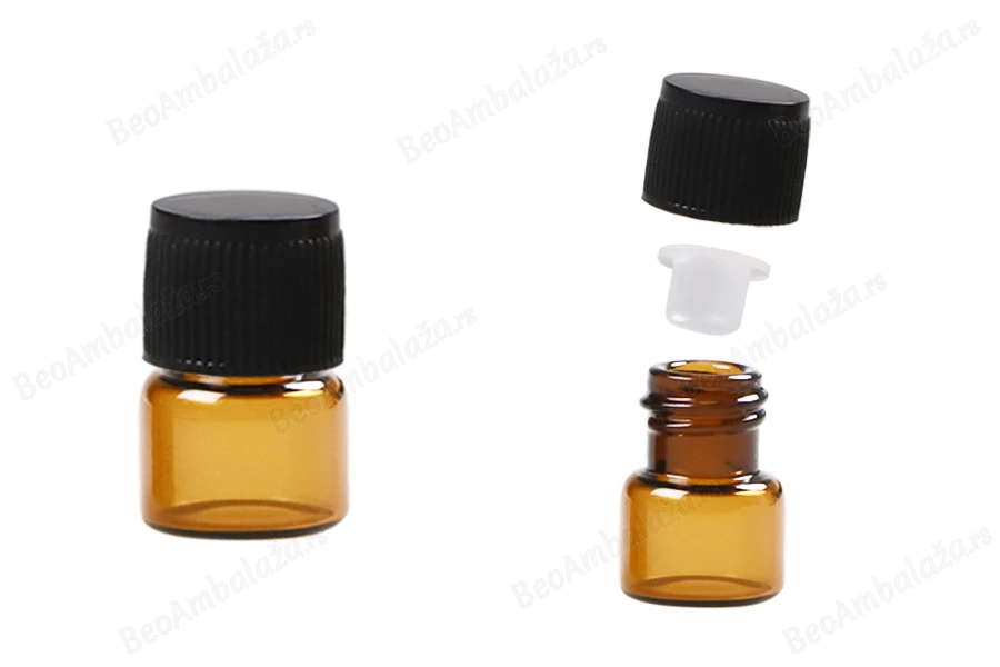 Mini staklena karamel bočica 1mL sa crnim zatvaračem i plastičnim čepom - 25 kom-slika_proizvoda