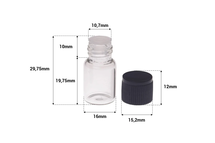 Mini staklena bočica 2mL, sa plastičnom zaptivkom i crnim zatvaračem-dimenzije_slike