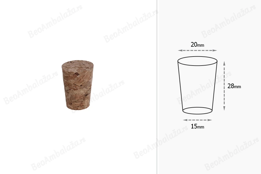 Konusni čep od prirodne plute 28x20/15 mm - za prečnik 17 mm (za flaše PP24 / PP25)-dimenzije_slike