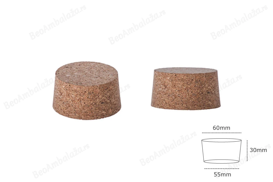 Široki konusni čep od prirodne plute 30x60/55 mm - za grlo T.O. 66-dimenzije_slike