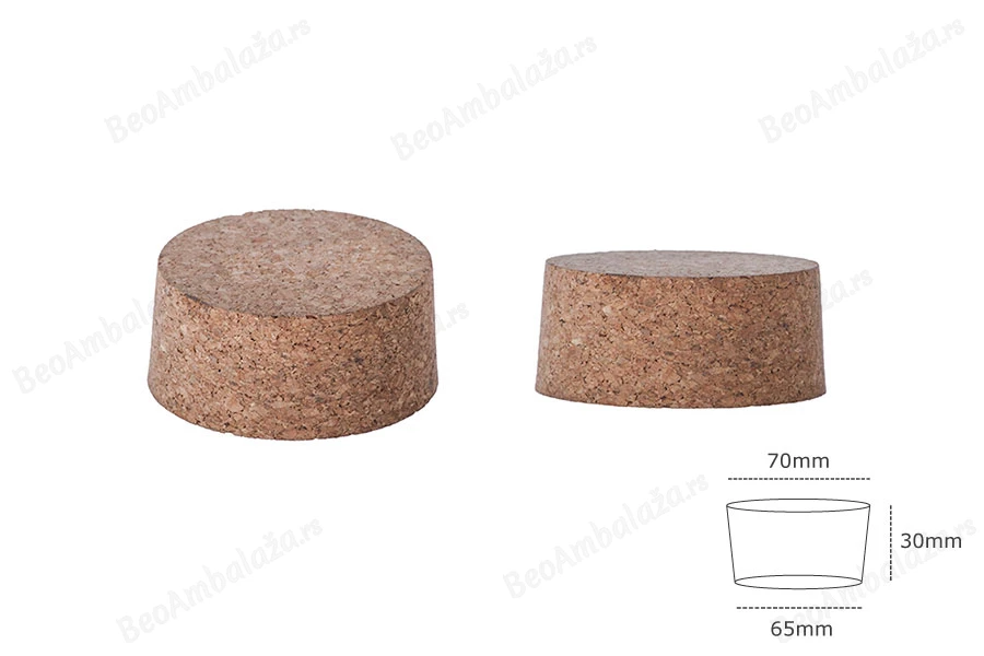Široki konusni čep od prirodne plute 30x70/65 mm- za grlo PP77-dimenzije_slike