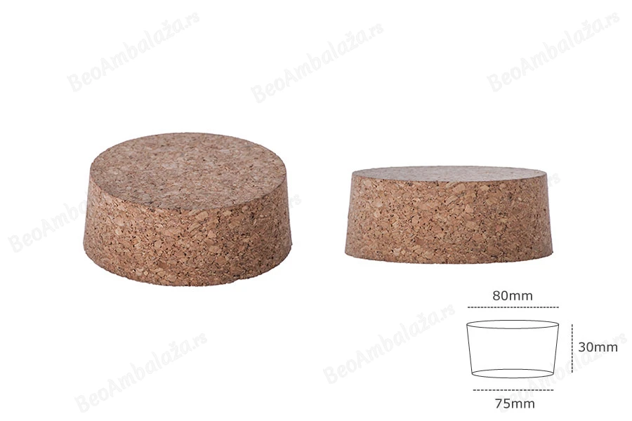 Široki konusni čep od prirodne plute 30x80/75 mm- za grlo PP89-dimenzije_slike