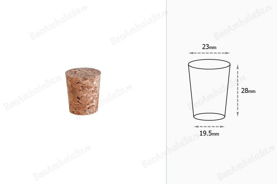 Konusni čep od prirodne plute 28x23/19,5 mm - za prečnik 21 mm (PP31,5 / PP30)-dimenzije_slike