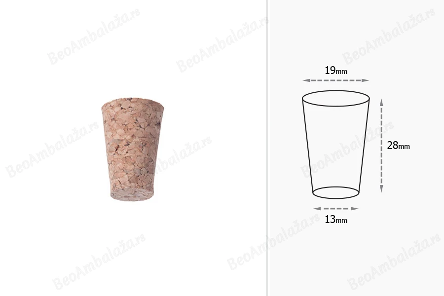 Konusni čep od prirodne plute  28x19/13 mm - za prečnik 16 mm-dimenzije_slike