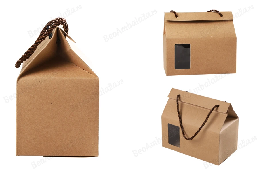Kutija - paket za pakovanje 180x100x160mm od Kraft papira sa prozorom i ručkom od kanapa - 20 kom-grupa_slika