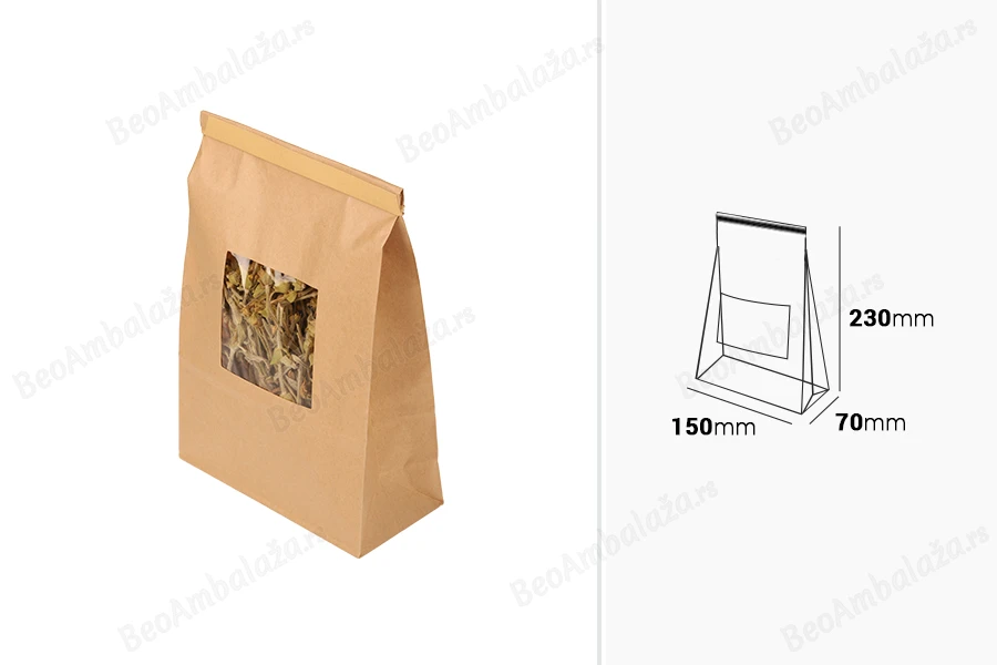 Kraft kesice 150x70x230 mm sa prozorom i žicom za zatvaranje (tin-tie)-dimenzije_slike