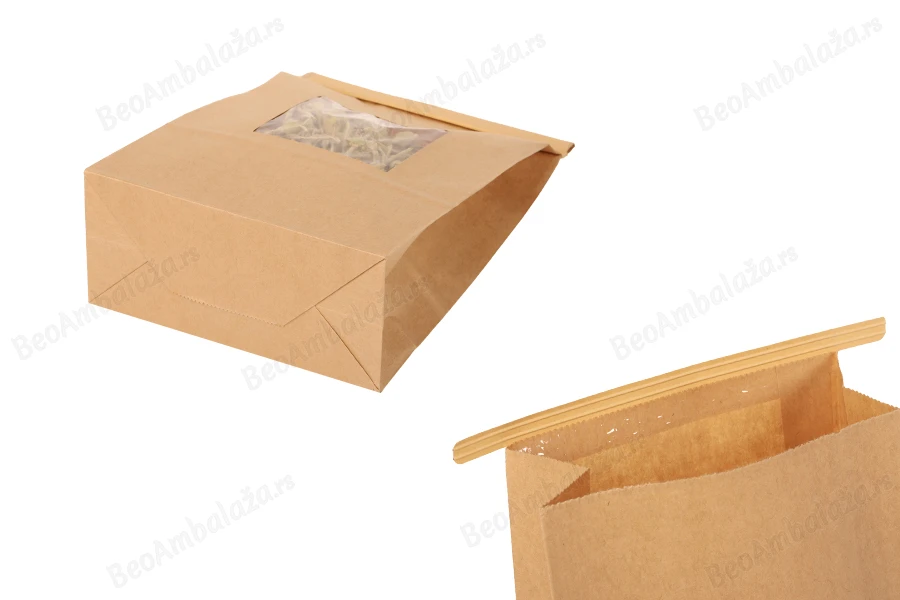 Kraft kesice 150x70x230 mm sa prozorom i žicom za zatvaranje (tin-tie)-