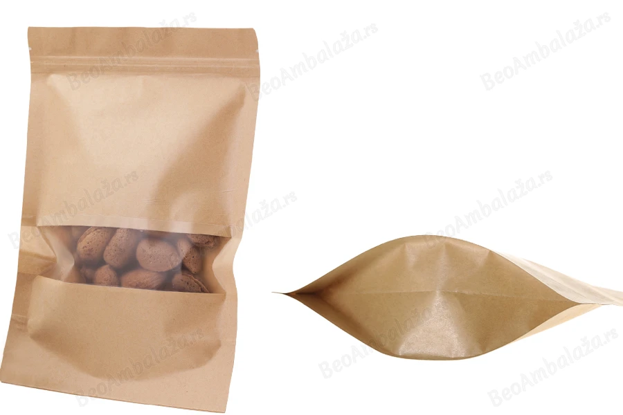 Kraft DoyPack 180x50x260mm kesice sa zip zatvaranjem i prozorom, unutrašnjom i spoljašnjom providnom oblogom, ovalnim dnom i sa mogućnošću termo zatvaranja – 100kom-slika_proizvoda
