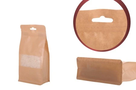 Kraft DoyPack kesice sa zip zatvaranjem, prozorom, Eurohole otvorom, unutrašnjom i spoljašnjom providnom oblogom i sa mogućnošću termo zatvaranja 100x60x200mm - 50kom-3