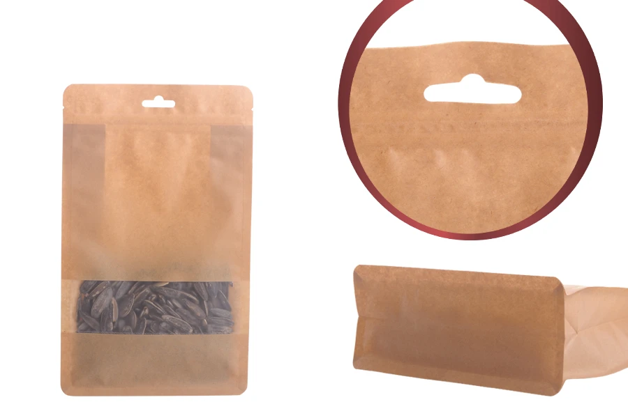 Kraft DoyPack kesice sa zip zatvaranjem, prozorom, Eurohole otvorom, unutrašnjom i spoljašnjom providnom oblogom i sa mogućnošću termo zatvaranja 140x60x240 mm - 50kom-slika_proizvoda