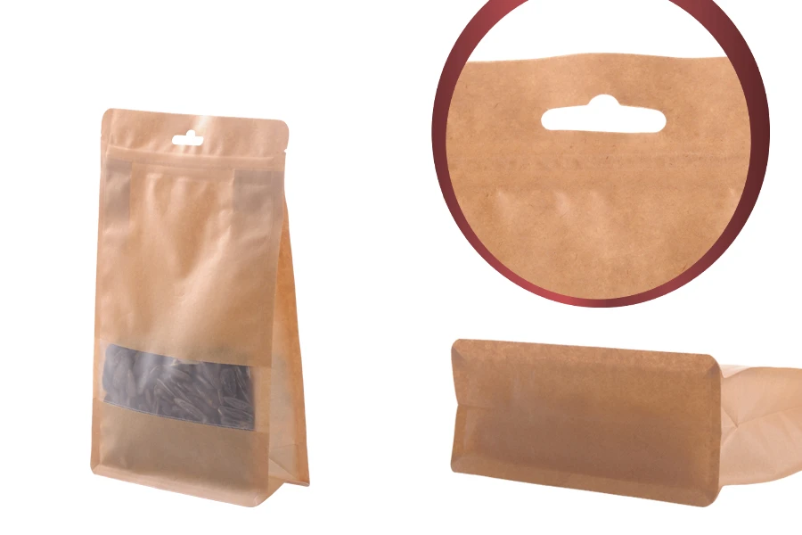 Kraft DoyPack kesice sa zip zatvaranjem, prozorom, Eurohole otvorom, unutrašnjom i spoljašnjom providnom oblogom i sa mogućnošću termo zatvaranja 140x60x240 mm - 50kom-grupa_slika