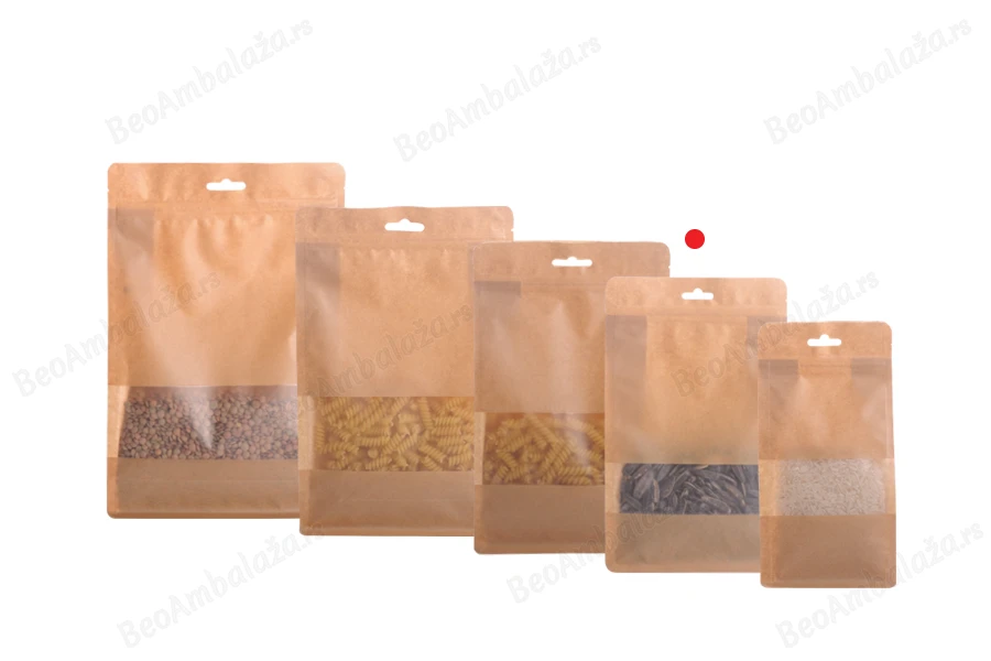 Kraft DoyPack kesice sa zip zatvaranjem, prozorom, Eurohole otvorom, unutrašnjom i spoljašnjom providnom oblogom i sa mogućnošću termo zatvaranja 140x60x240 mm - 50kom-grupa_slika