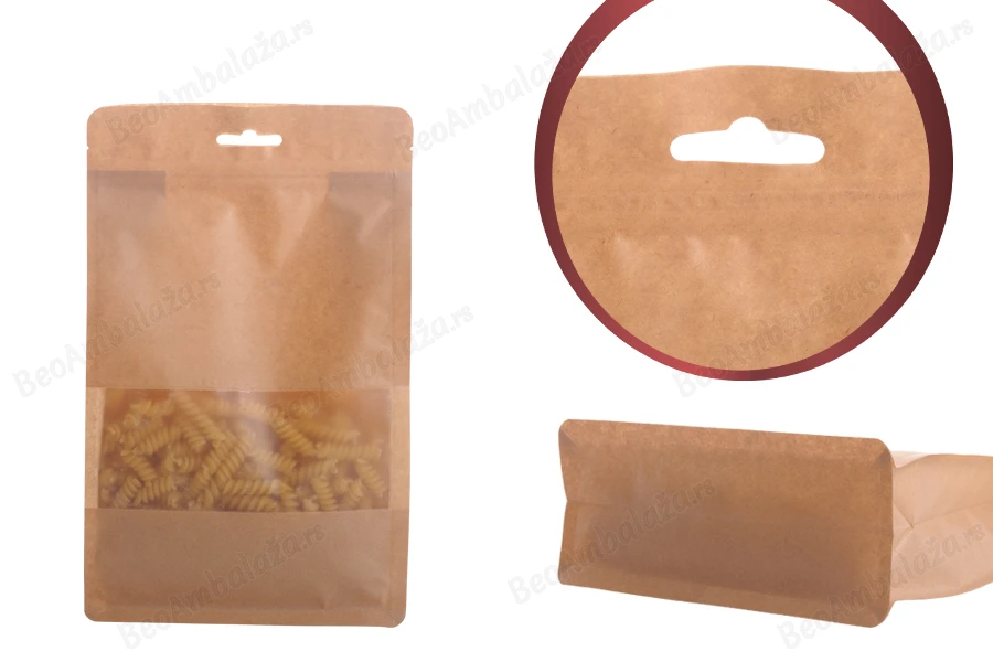 Kraft DoyPack kesice sa zip zatvaranjem, prozorom, Eurohole otvorom, unutrašnjom i spoljašnjom providnom oblogom i sa mogućnošću termo zatvaranja 160x80x260mm - 50kom-slika_proizvoda