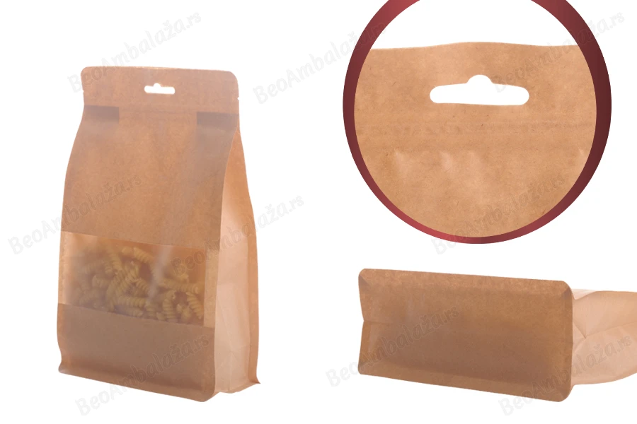 Kraft DoyPack kesice sa zip zatvaranjem, prozorom, Eurohole otvorom, unutrašnjom i spoljašnjom providnom oblogom i sa mogućnošću termo zatvaranja 160x80x260mm - 50kom-grupa_slika