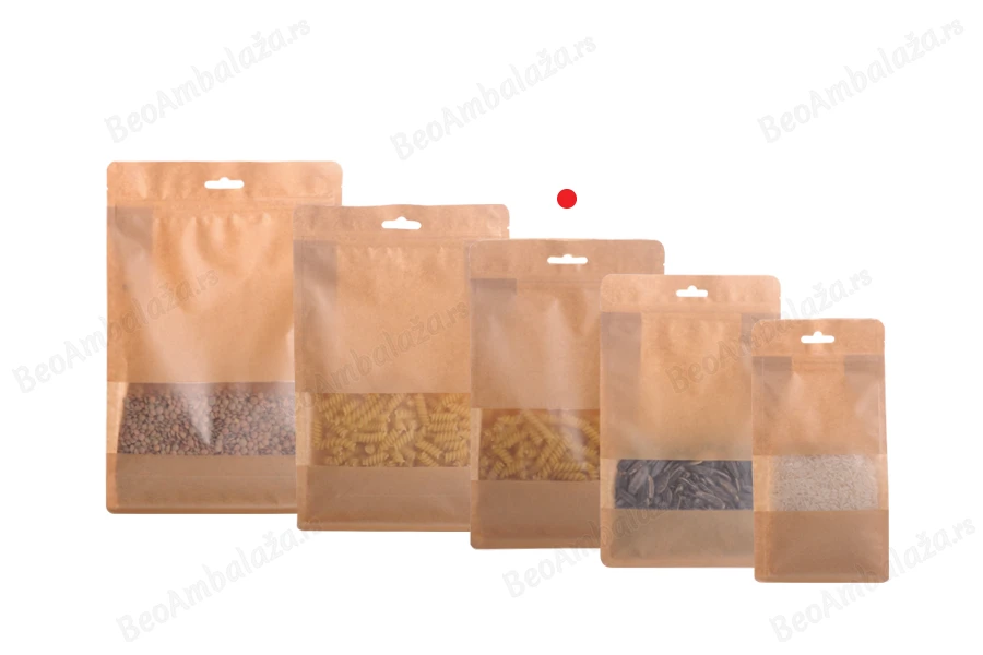 Kraft DoyPack kesice sa zip zatvaranjem, prozorom, Eurohole otvorom, unutrašnjom i spoljašnjom providnom oblogom i sa mogućnošću termo zatvaranja 160x80x260mm - 50kom-grupa_slika