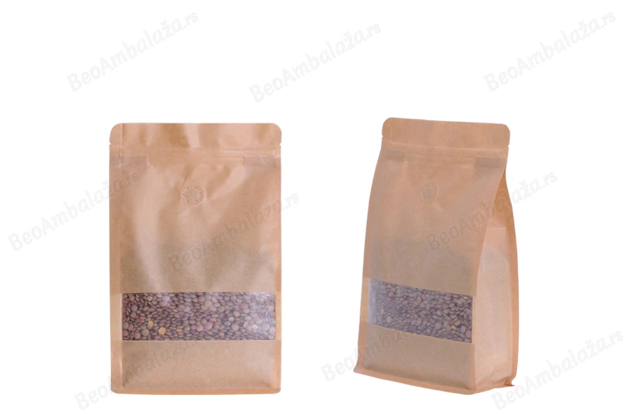 Kraft DoyPack kesice sa zip zatvaranjem 140x65x240 mm, ventilom, prozorom, unutrašnjom i spoljašnjom providnom oblogom i sa mogućnošću termo zatvaranja  - 50 komada-slika_proizvoda