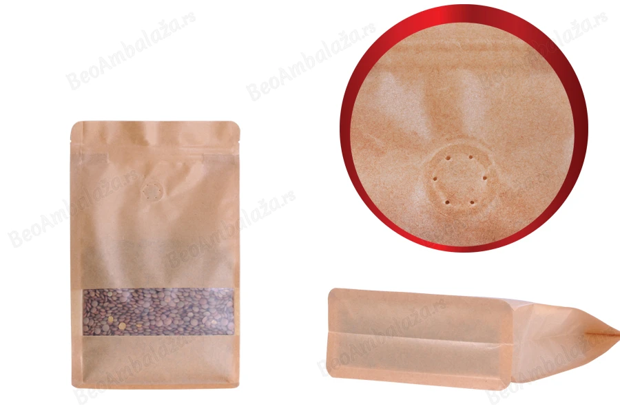 Kraft DoyPack kesice sa zip zatvaranjem 140x65x240 mm, ventilom, prozorom, unutrašnjom i spoljašnjom providnom oblogom i sa mogućnošću termo zatvaranja  - 50 komada-dimenzije_slike
