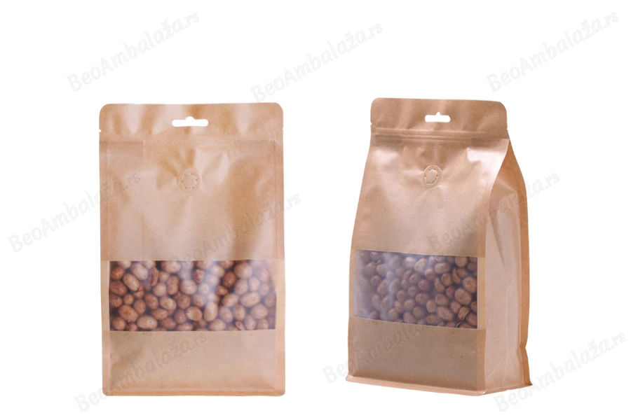 Kraft DoyPack kesice sa zip zatvaranjem, ventilom, prozorom, Eurohole otvorom, unutrašnjom i spoljašnjom providnom oblogom i sa mogućnošću termo zatvaranja 180x80x280 mm - 25kom-slika_proizvoda