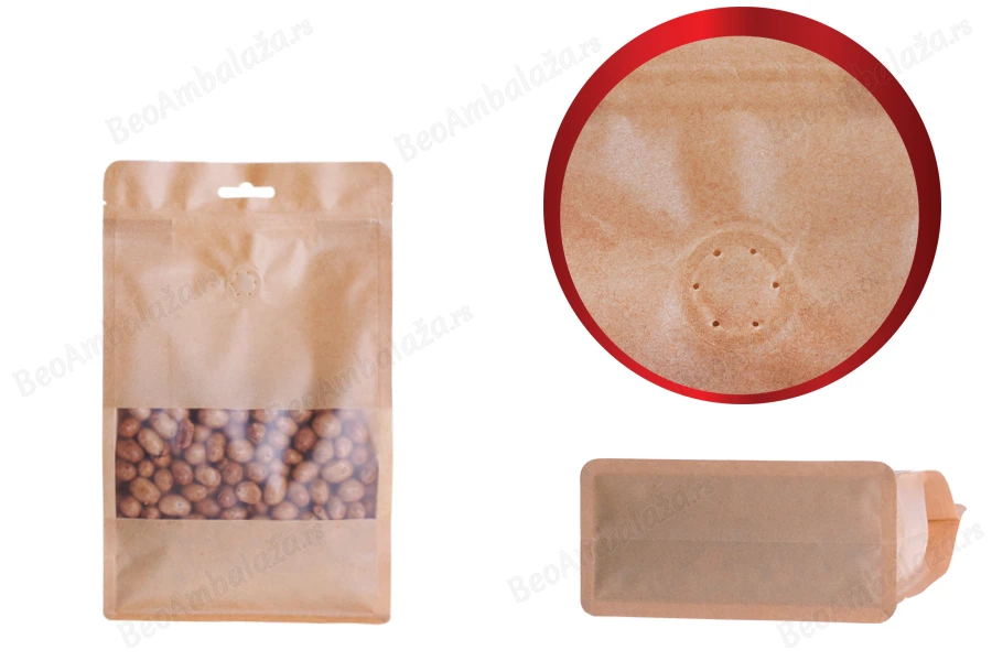 Kraft DoyPack kesice sa zip zatvaranjem, ventilom, prozorom, Eurohole otvorom, unutrašnjom i spoljašnjom providnom oblogom i sa mogućnošću termo zatvaranja 180x80x280 mm - 25kom-dimenzije_slike
