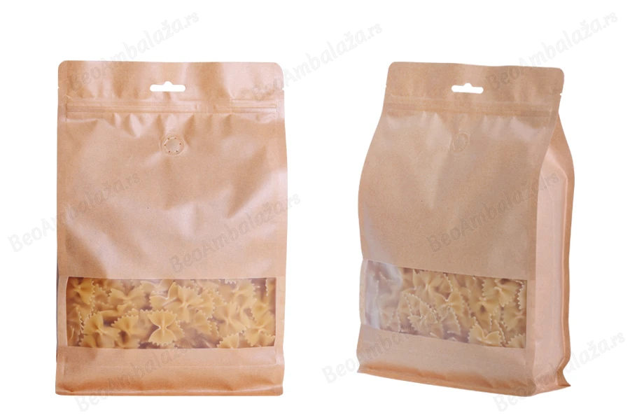 Kraft DoyPack kesice sa zip zatvaranjem, ventilom, prozorom, Eurohole otvorom, unutrašnjom i spoljašnjom providnom oblogom i sa mogućnošću termo zatvaranja 160x80x260mm   - 25kom-slika_proizvoda