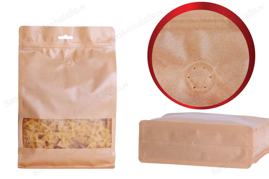 Kraft DoyPack kesice sa zip zatvaranjem, ventilom, prozorom, Eurohole otvorom, unutrašnjom i spoljašnjom providnom oblogom i sa mogućnošću termo zatvaranja 160x80x260mm   - 25kom-dimenzije_slike