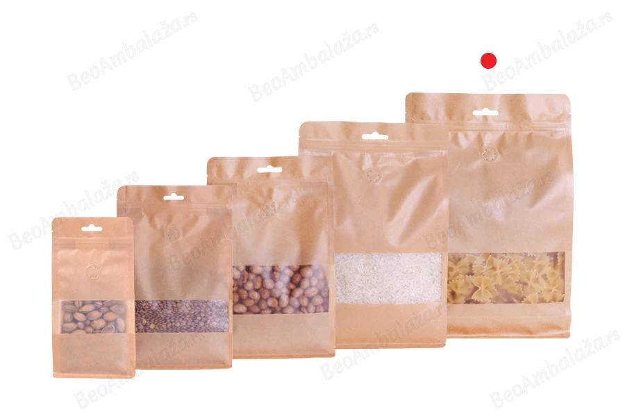 Kraft DoyPack kesice sa zip zatvaranjem, ventilom, prozorom, Eurohole otvorom, unutrašnjom i spoljašnjom providnom oblogom i sa mogućnošću termo zatvaranja 160x80x260mm   - 25kom-grupa_slika