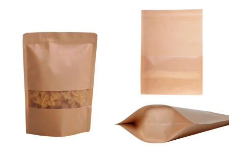 Kraft DoyPack kesice sa zip zatvaranjem i prozorom, unutrašnjom i spoljašnjom providnom oblogom, ovalnim dnom i sa mogućnošću termo zatvaranja 180x40x250 mm – 100 kom-1