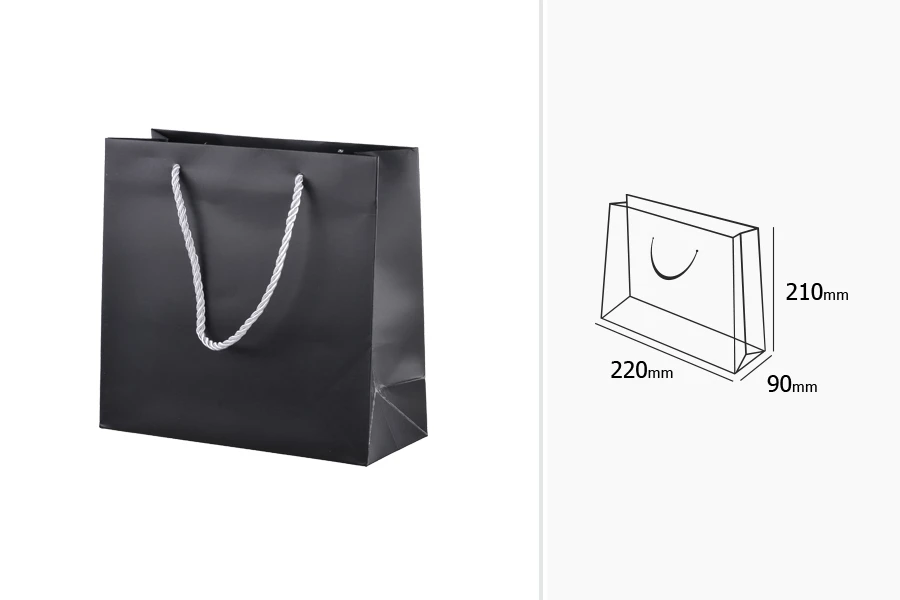 Plastificirana crna kartonska kesa 220x90x210mm sa srebrnim uvijenim kanapom - 20 kom Plastificirana crna kartonska kesa 220x90x210mm sa srebrnim uvijenim kanapom - 20 kom
