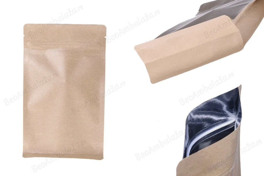 Kraft DoyPack kesice sa zip zatvaranjem 140x70x240 mm, unutrašnjom aluminijumskom oblogom, četvrtastim dnom i sa mogućnošću termo zatvaranja – 50 kom-slika_proizvoda