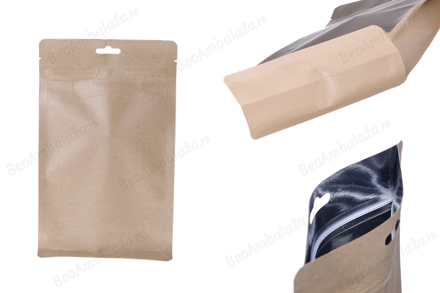 Uzorci - Kraft DoyPack kesice sa zip zatvaranjem, unutrašnjom aluminijumskom oblogom, Eurohole otvorom i sa mogućnošću termo zatvaranja (od svake veličine po 1 kom)-slika_proizvoda
