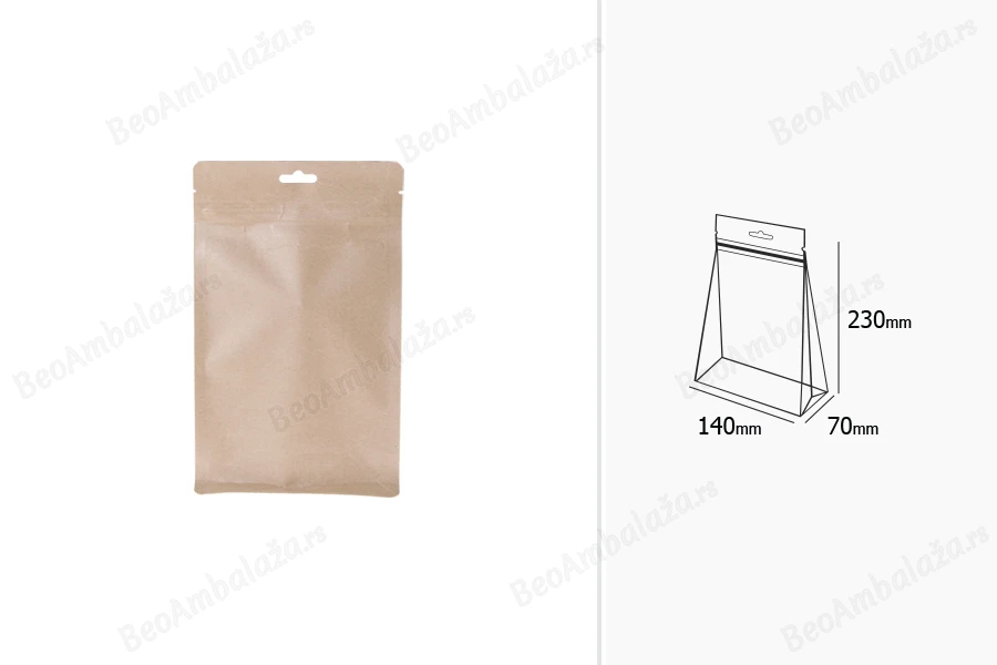 Kraft DoyPack kesice sa zip zatvaranjem, unutrašnjom aluminijumskom oblogom, Eurohole otvorom i sa mogućnošću termo zatvaranja 140x70x230 mm – 50kom-dimenzije_slike