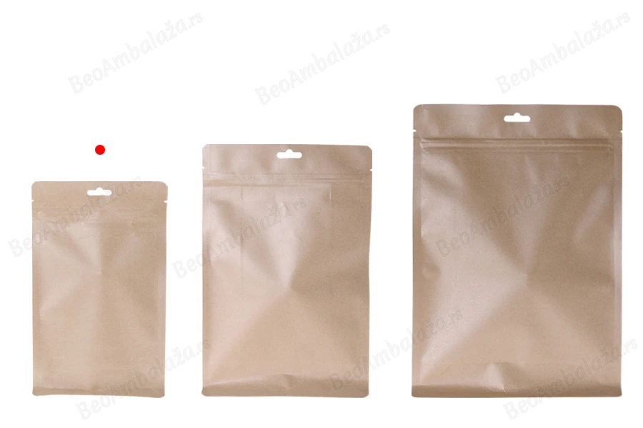 Kraft DoyPack kesice sa zip zatvaranjem, unutrašnjom aluminijumskom oblogom, Eurohole otvorom i sa mogućnošću termo zatvaranja 140x70x230 mm – 50kom-