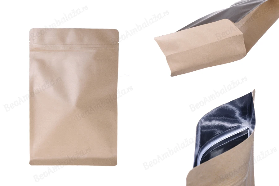 Kraft DoyPack kesice sa zip zatvaranjem  160x80x260 mm, unutrašnjom aluminijumskom oblogom, četvrtastim dnom i sa mogućnošću termo zatvaranja – 50kom-slika_proizvoda