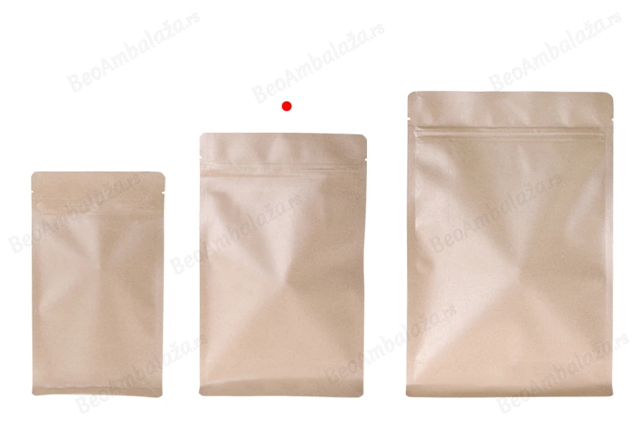 Kraft DoyPack kesice sa zip zatvaranjem  160x80x260 mm, unutrašnjom aluminijumskom oblogom, četvrtastim dnom i sa mogućnošću termo zatvaranja – 50kom-