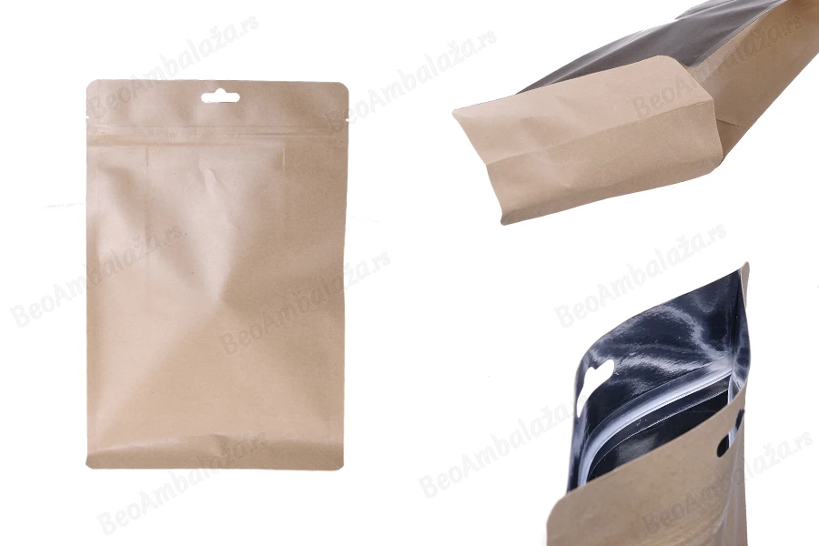 Kraft DoyPack kesice sa zip zatvaranjem, unutrašnjom aluminijumskom oblogom i sa mogućnošću termo zatvaranja 170x80x260 mm - 50kom-slika_proizvoda