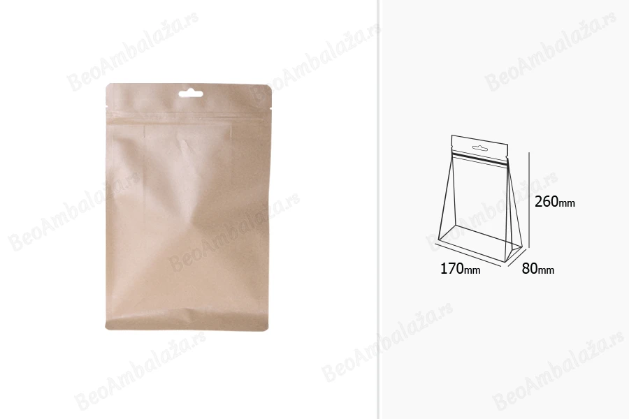 Kraft DoyPack kesice sa zip zatvaranjem, unutrašnjom aluminijumskom oblogom i sa mogućnošću termo zatvaranja 170x80x260 mm - 50kom-dimenzije_slike