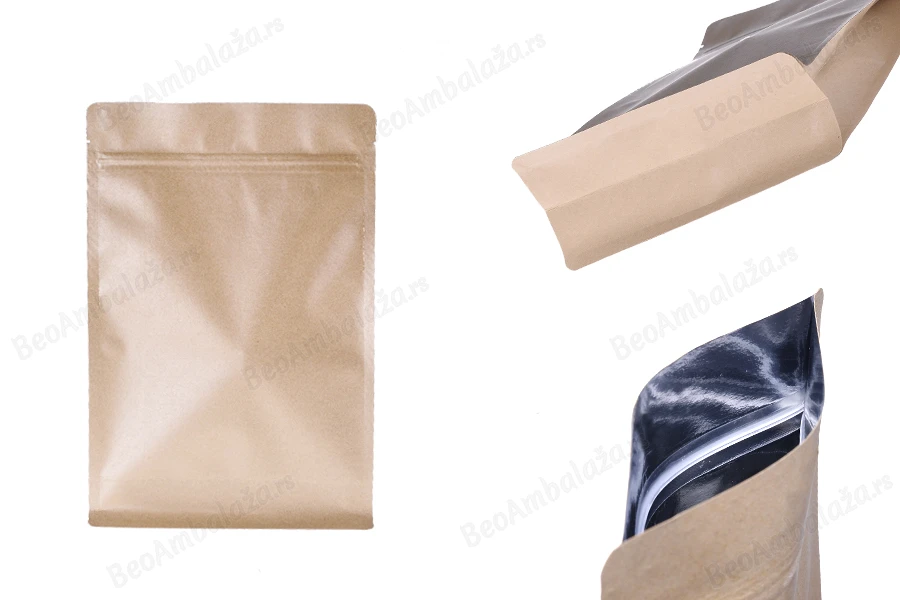 Kraft DoyPack kesice sa zip zatvaranjem  200x80x300 mm, bez rupe, sa unutrašnjom aluminijumskom oblogom, četvrtastim dnom i sa mogućnošću termo zatvaranja – 50 kom-slika_proizvoda