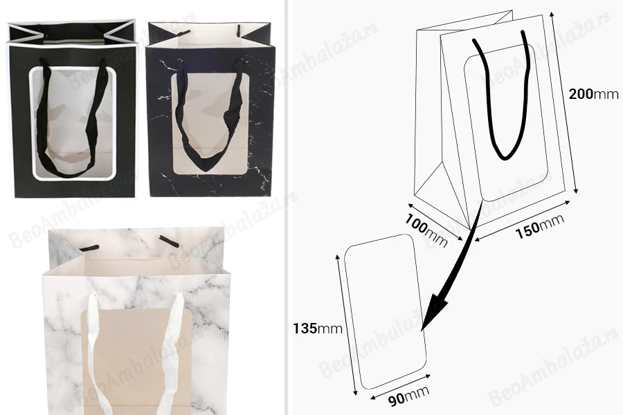 Papirna poklon kesa 150x100x200mm sa prozorom i trakom - 12 kom-dimenzije_slike