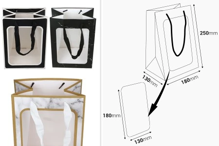 Papirna poklon kesa 180x130x250 mm sa prozorom i trakom - 12 kom-2