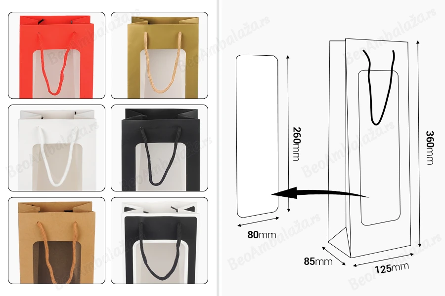 Papirna poklon kesa  125x85x360 mm sa prozorom i trakom - 12 kom-dimenzije_slike