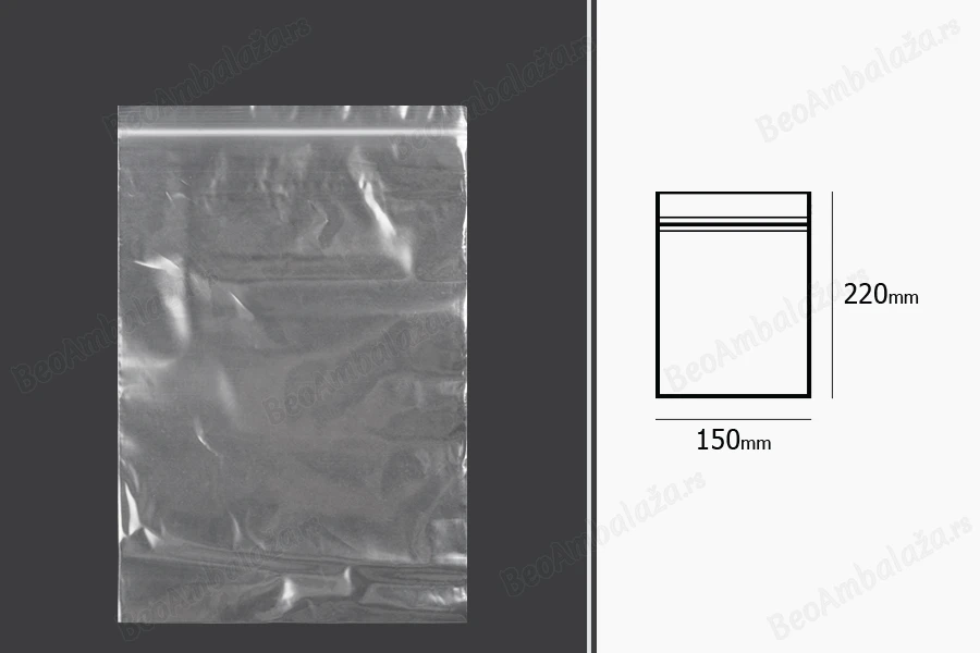 Plastična kesica 150x220mm, providna i sa belim zip zatvaračem - 100 kom-dimenzije_slike