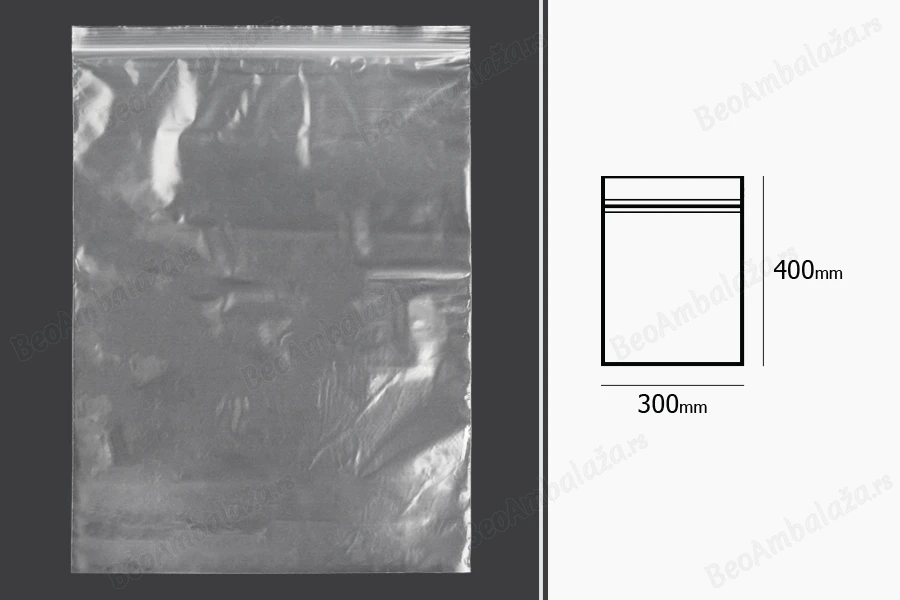 Plastična kesica 300x400mm, providna i sa belim zip zatvaračem - 100 kom-dimenzije_slike